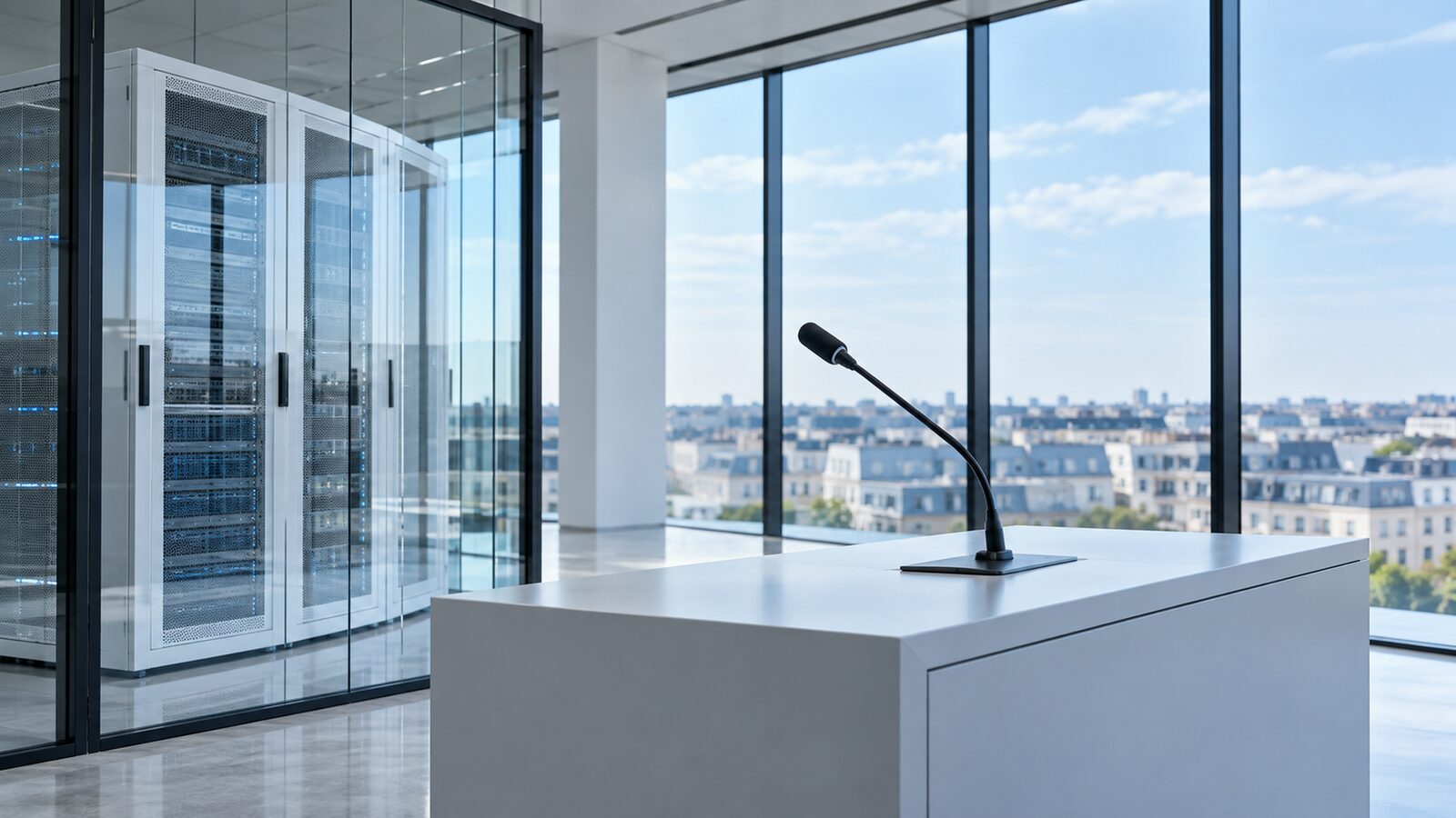 Gooseneck microphone on a white sideboard, a server rack on the left, a window with sky on the right.