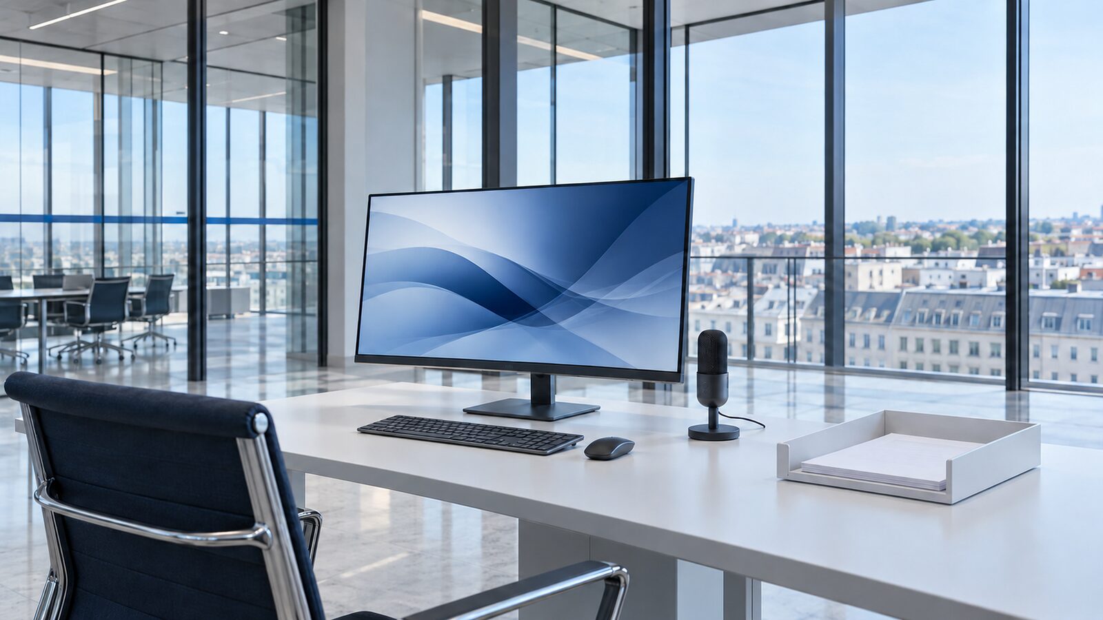 Desk with monitor, desk microphone and paper tray in a bright office with a glass front.