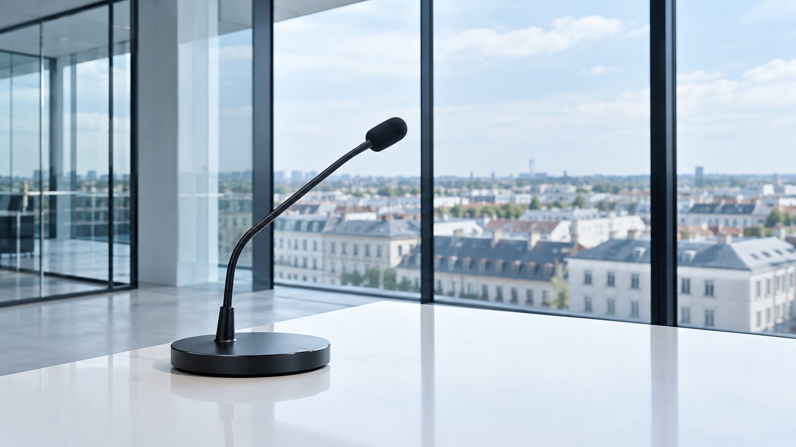 Single gooseneck microphone on a white table in front of a glass wall with a view over the city.