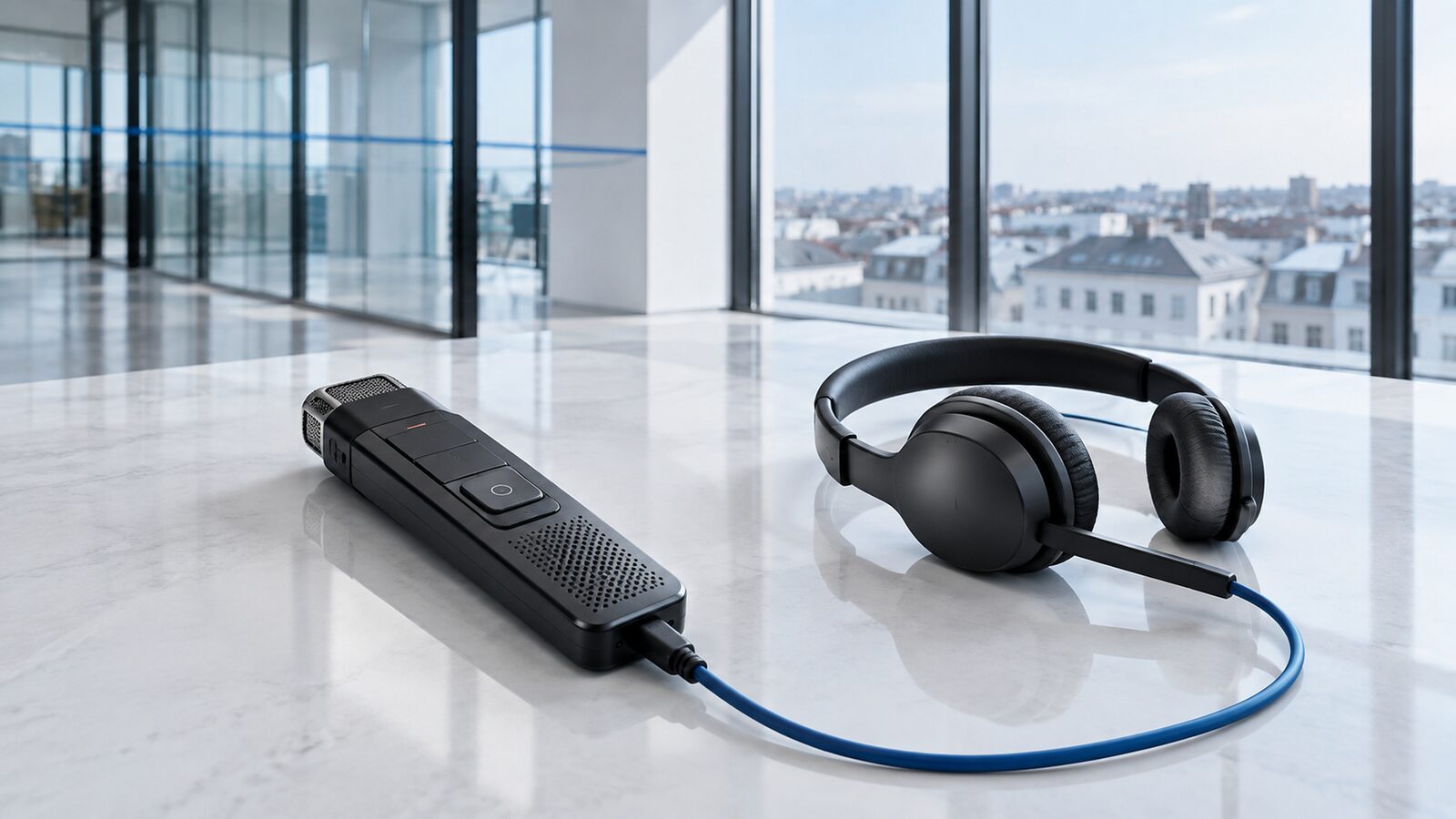 USB dictation device and headset with a blue cable side by side on a light stone surface.