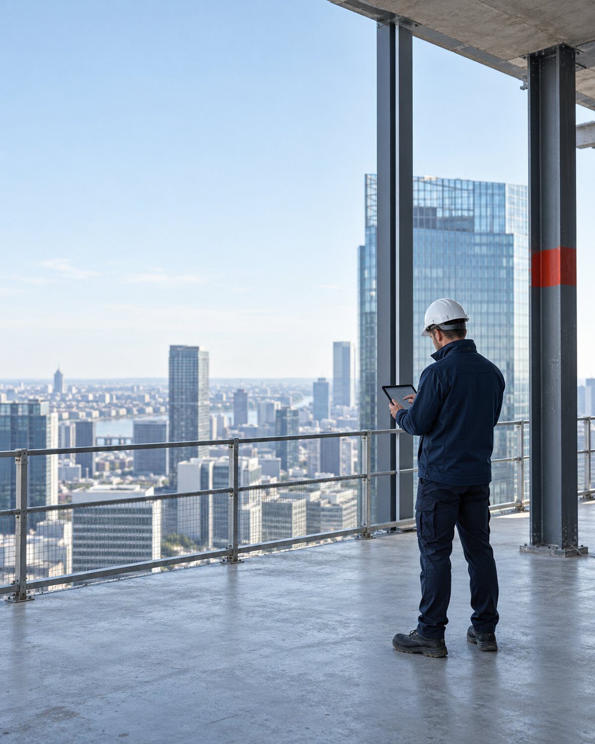 IT for construction and industry: site manager with helmet and tablet on a shell construction floor, view of the skyline.
