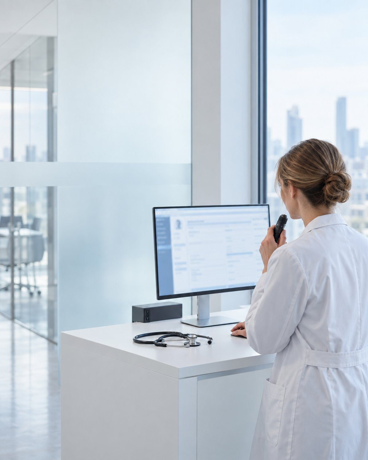 IT for hospitals and medical practices: doctor at a standing desk dictating into a microphone, patient record on screen.