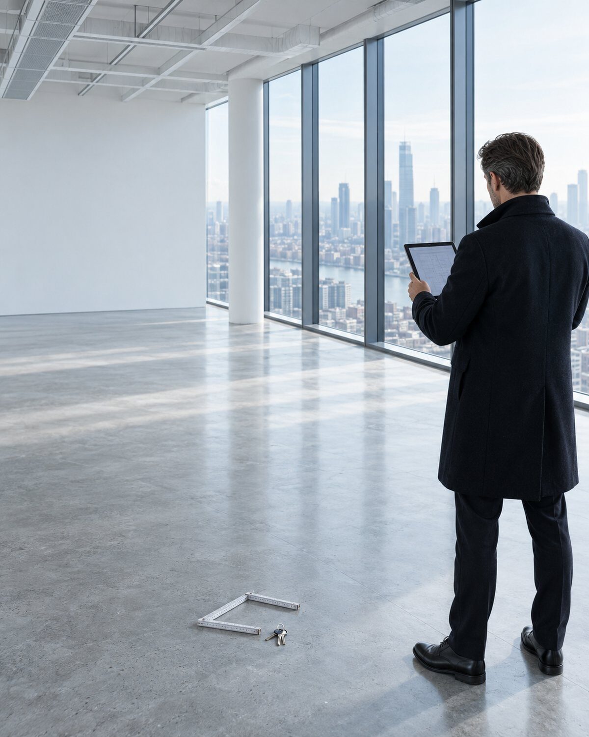 IT for real estate and property management: man with a tablet in an empty, newly completed office floor.