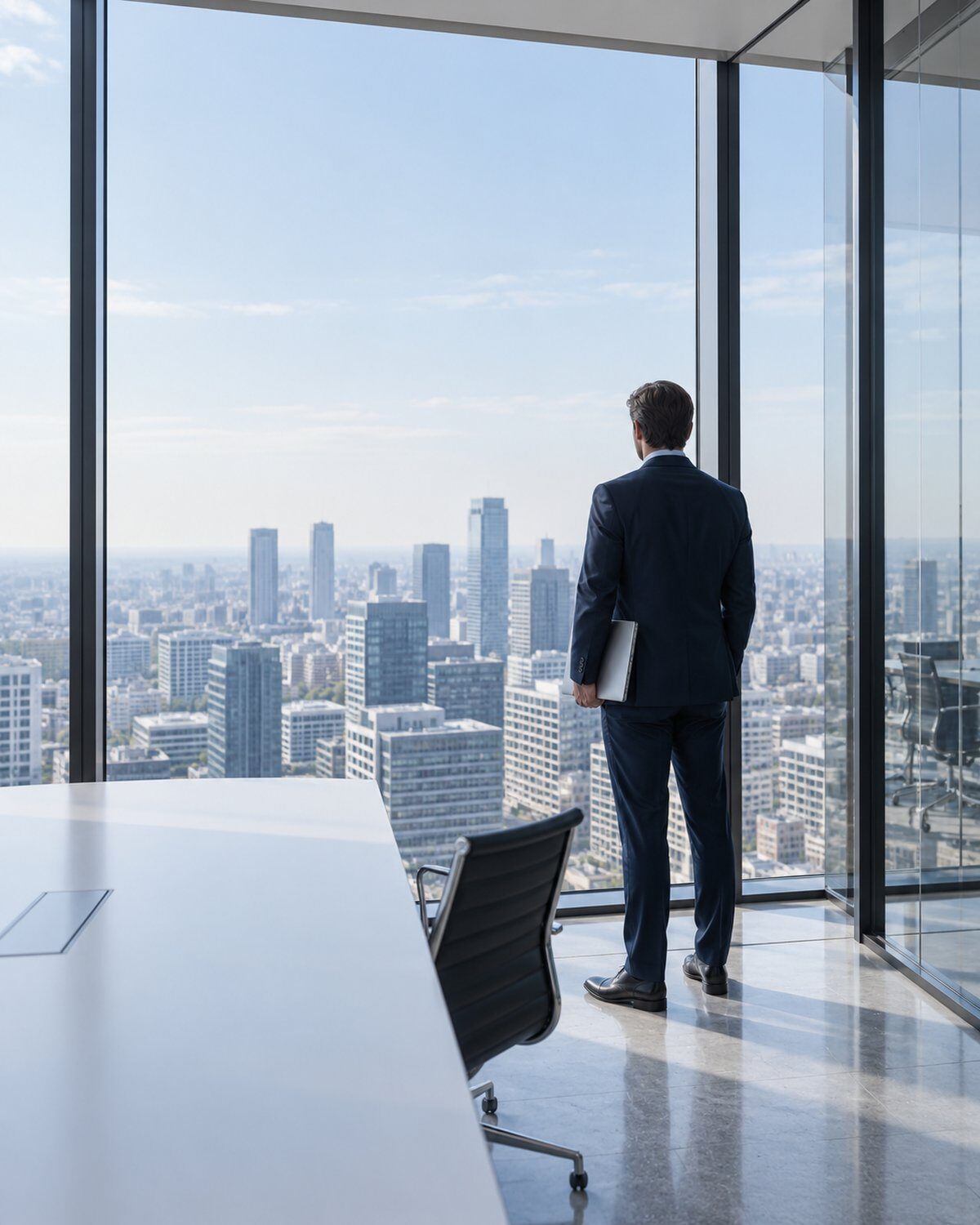 IT for mid-market companies and enterprises: man in a suit with a laptop at the glass front of a meeting room overlooking the skyline.