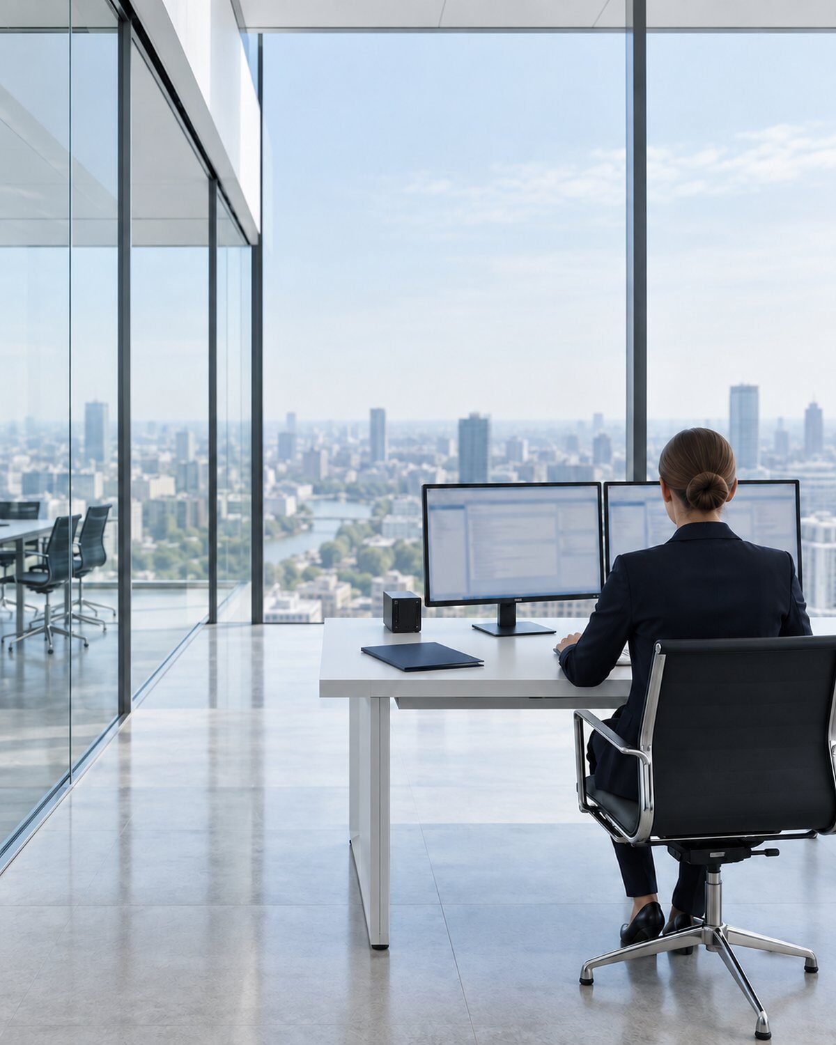 IT for public authorities and administration: clerk at a desk with two monitors and a thin client.