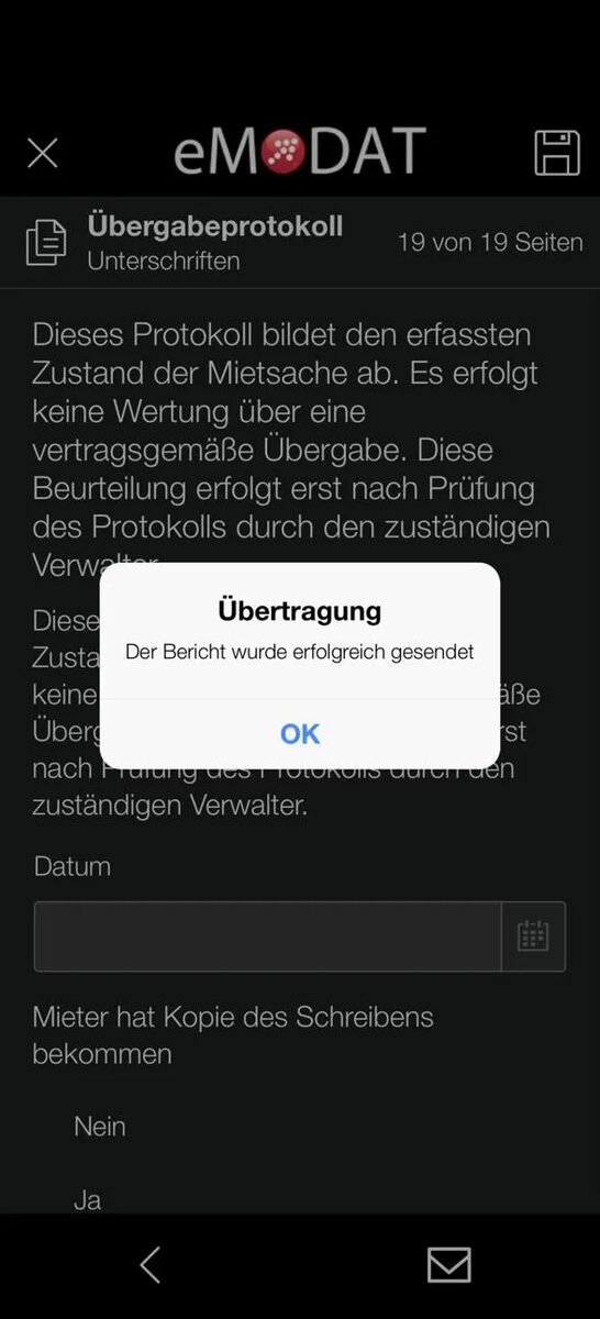 Smartphone with the eMODAT app: page 19 of a handover report with a date field and a yes/no choice, plus the message that the report was sent successfully.