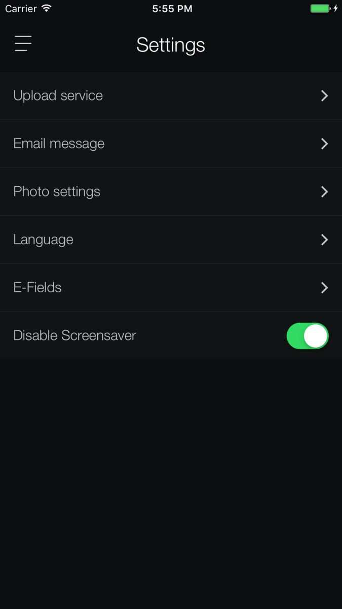 Settings: upload service, e-mail, photos