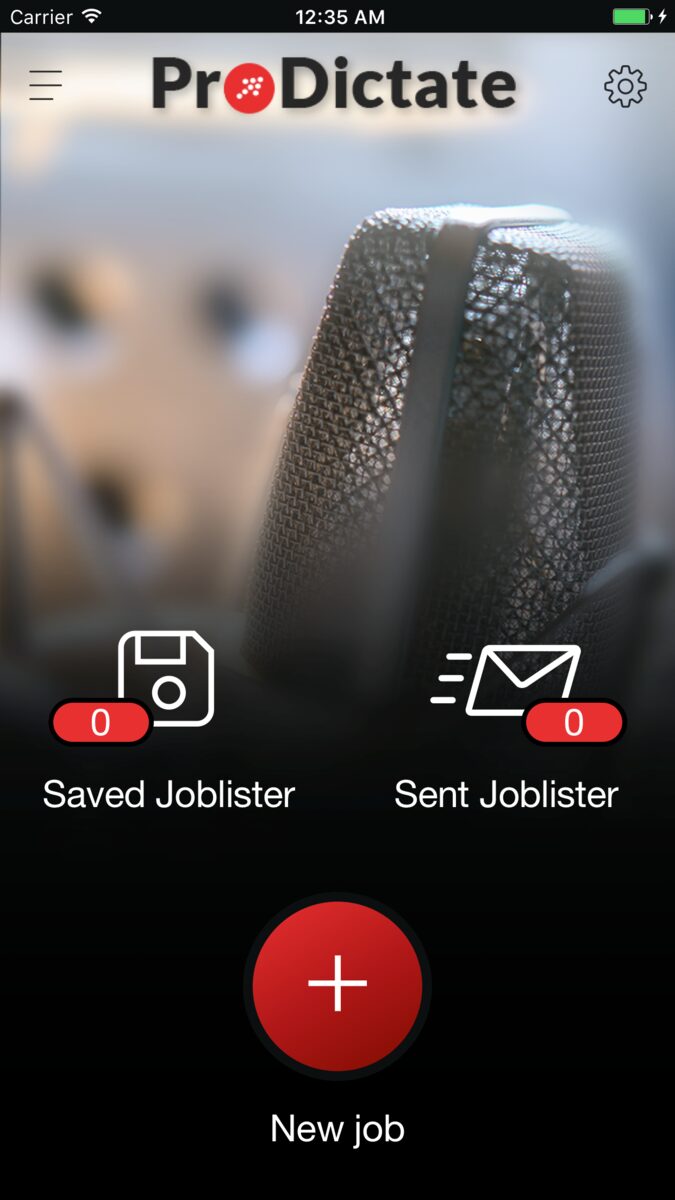 Screenshot of the ProDictate Mobile app: start screen with saved and sent dictations and the button for a new dictation.