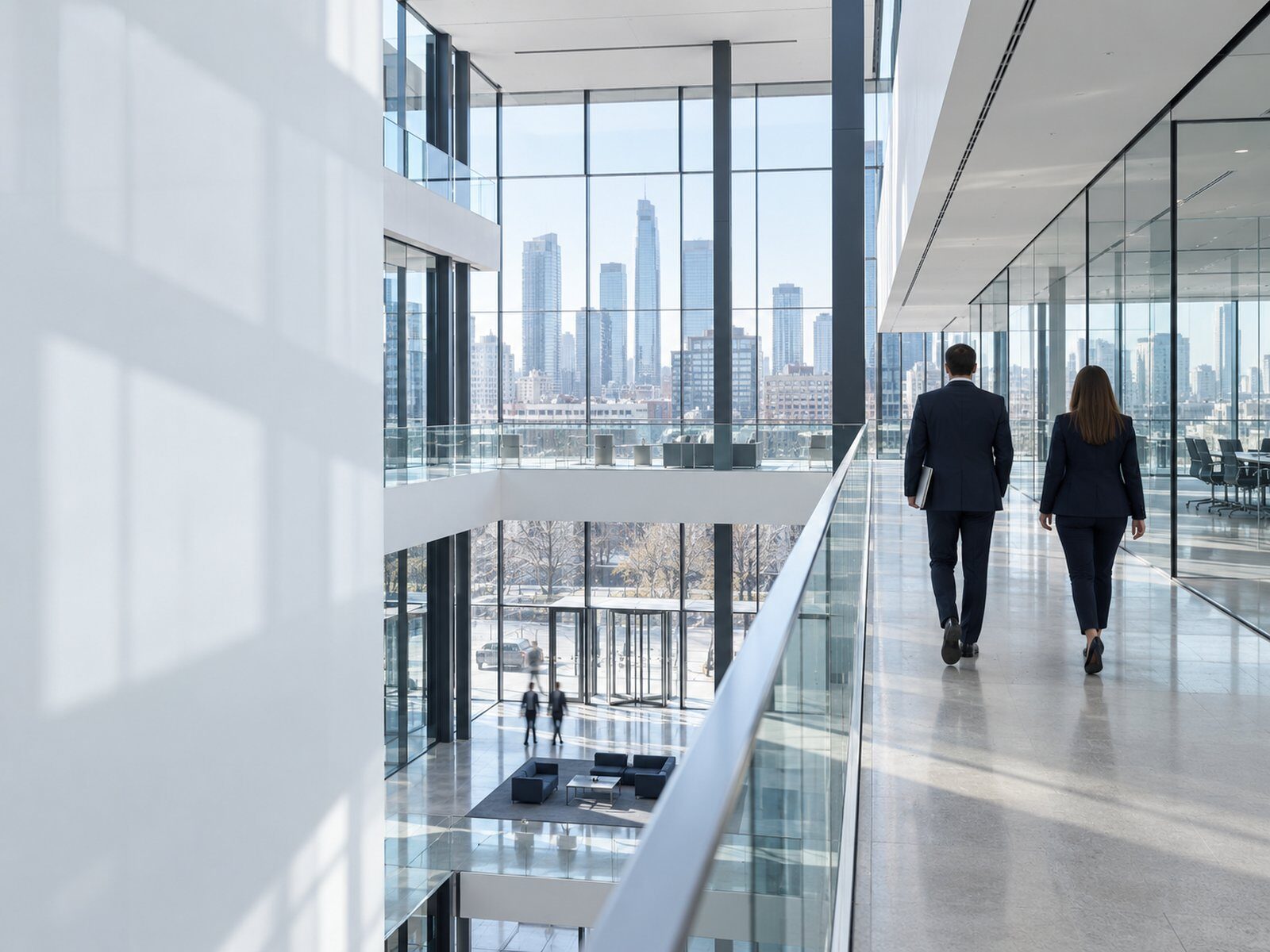 IT service provider DEVACON: bright glass atrium over several floors, two people at the glass front, skyline beyond.